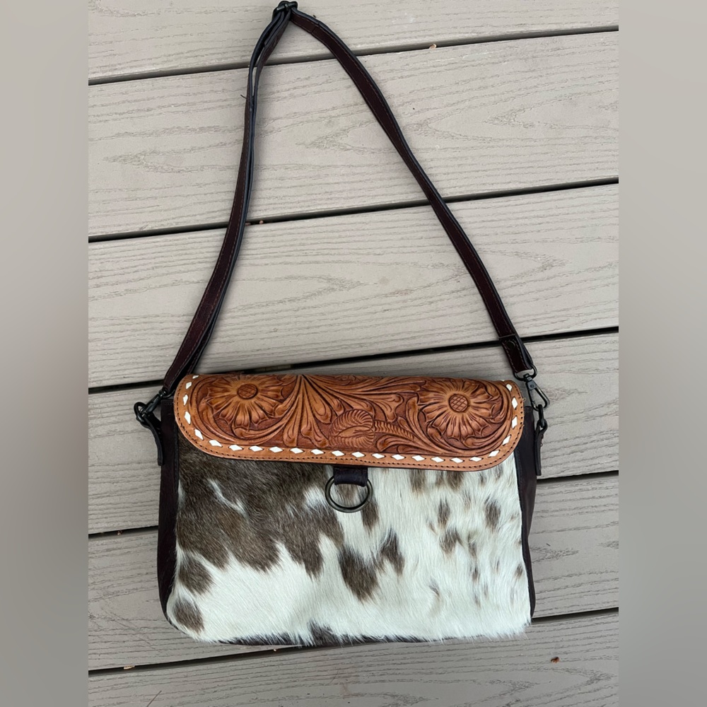 American darling leather, hair on hide shoulder/crossbody purse